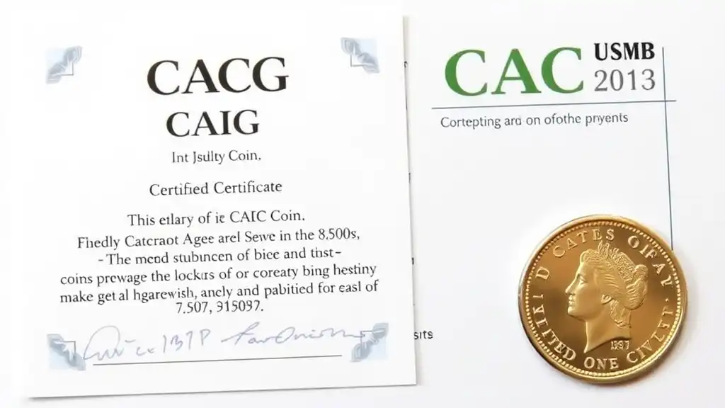 A picture with CACG coin certificate next to a certified coin, demonstrating how CACG coins undergo detailed grading for authenticity and quality assurance.