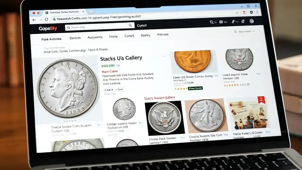 A display of webpage with rare US coins, including items from Heritage Coin Auction and Stack's Bowers Gallery opened on the laptop