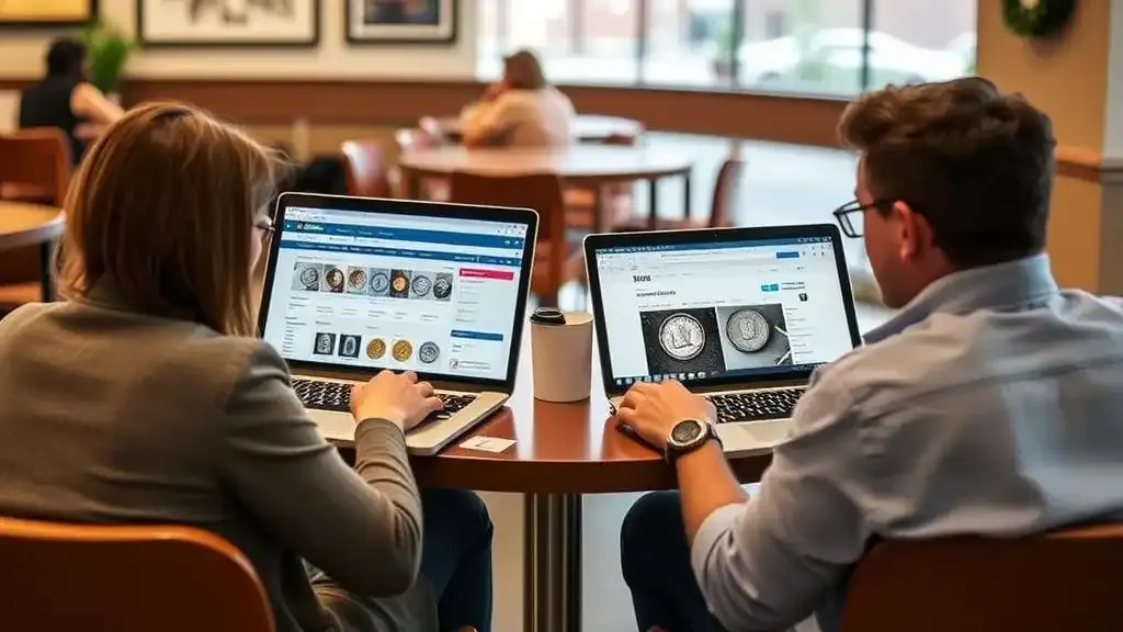 Numismatists browsing the best online coin auction sites for rare finds.