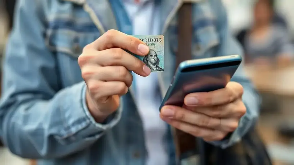 The collector holds the credit card with one hand to and type the payment data on his phone with the other hand to participate in US currency auction.