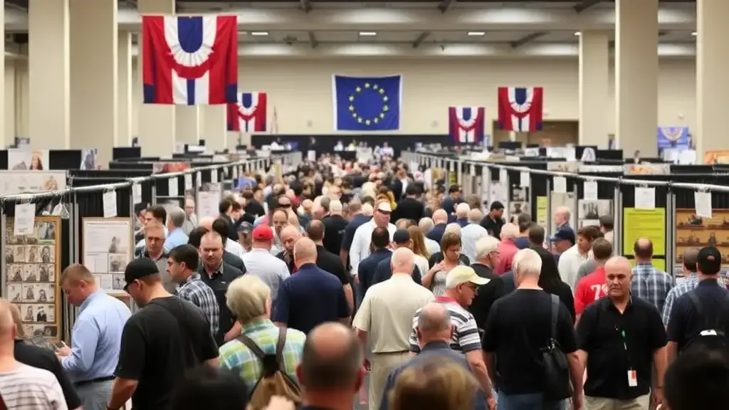 A bustling crowd of coin collectors exploring vendor booths at the Phoenix Coin Show, showcasing rare coins and historical currency