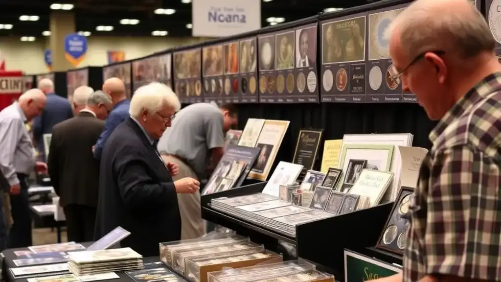 Coin dealers presenting international currency and collectible coins at the Phoenix coin show.