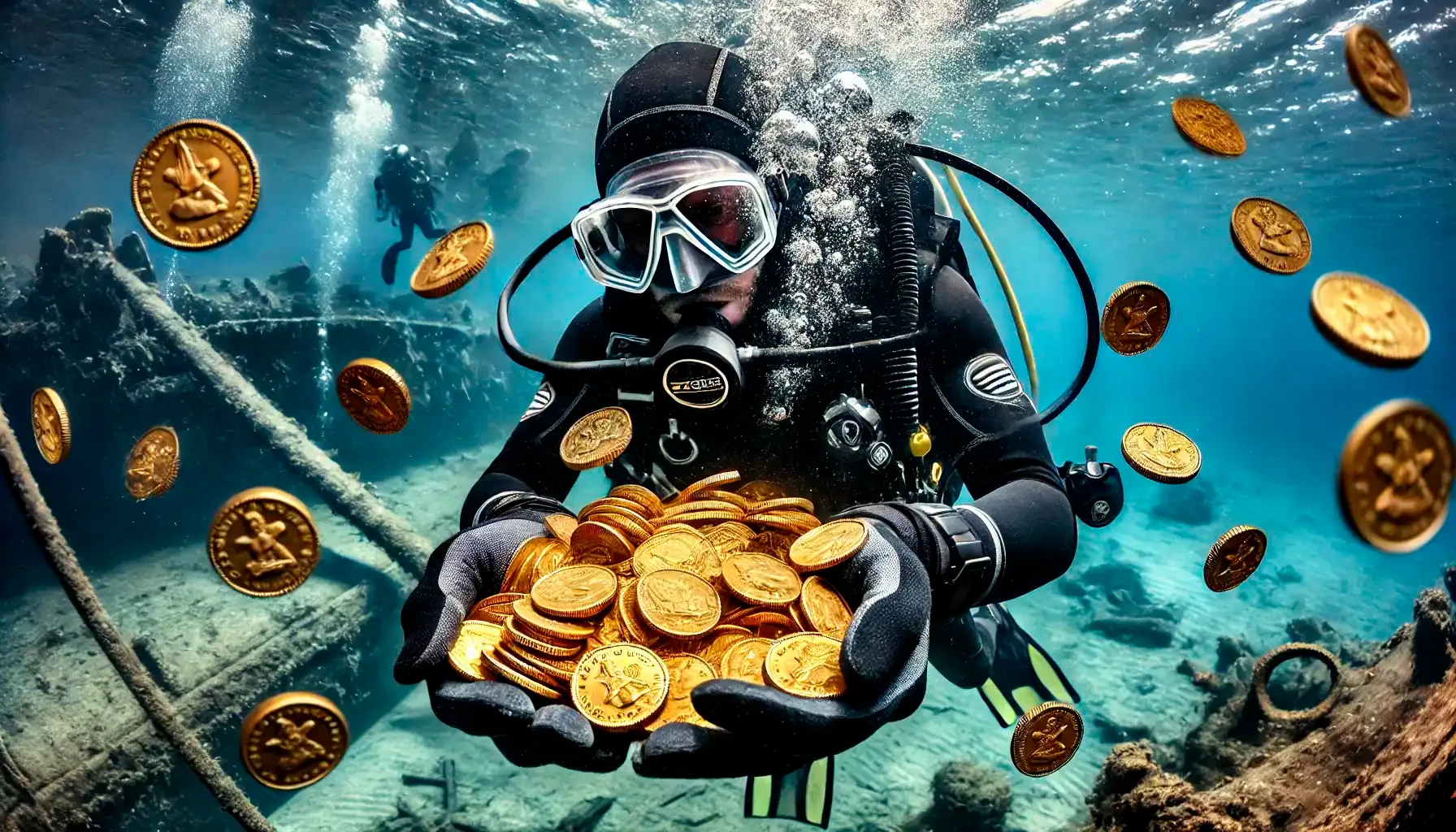 A diver brings up uss central america gold coins from the SS Central America shipwreck, a historic discovery of the ship with gold.