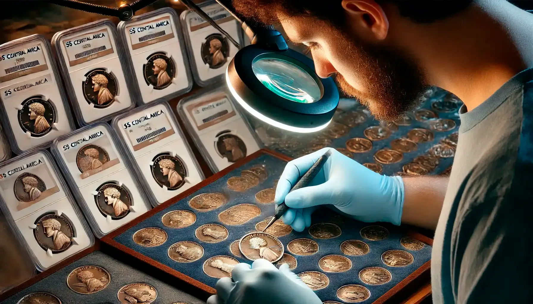 A numismatist carefully evaluates the grade of SS Central America coins, preserved by ocean conditions, with many USS Central America Coins for sale graded MS60+.