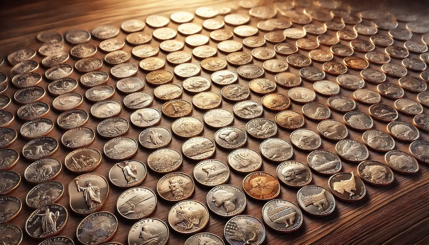 a picture of the 50 state quarter collection that is lying on a wooden table