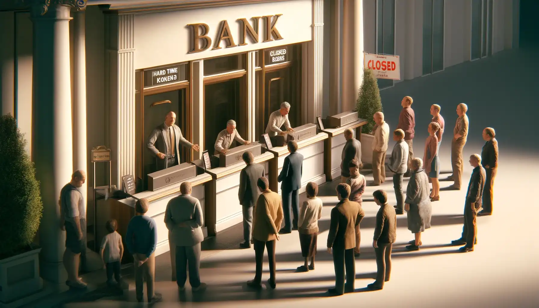 a picture with empty bank counters and frustrated citizens in front of a closed bank with hard time tokens in their hands