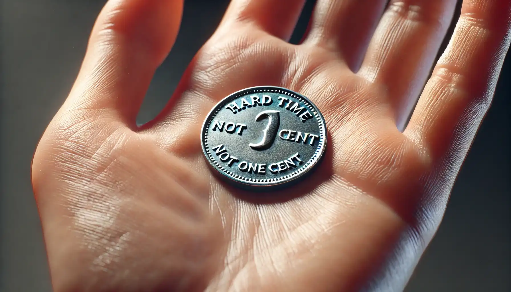 A close-up picture of a woman's palm, on which lies not a coin, but a hard time token with the inscription "NOT ONE CENT"