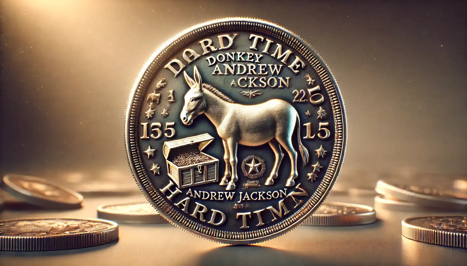 The Donkey hard time token (with the donkey and inscriptions on the obverse and with Andrew Jackson in a chest and inscriptions on the reverse)