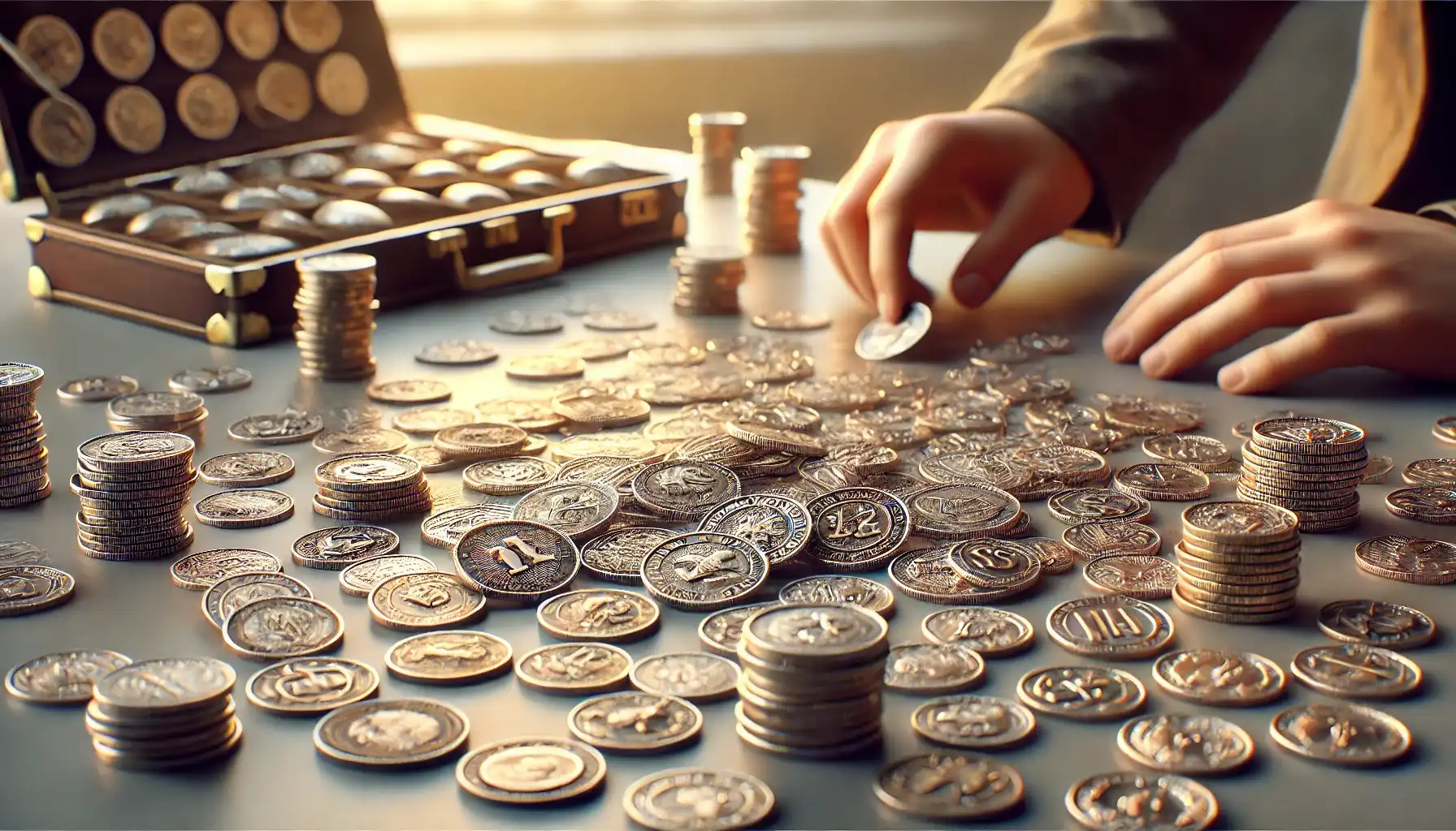 The picture shows a scattering of hard time tokens on the table, with a collector standing next to them, scrutinizing them closely