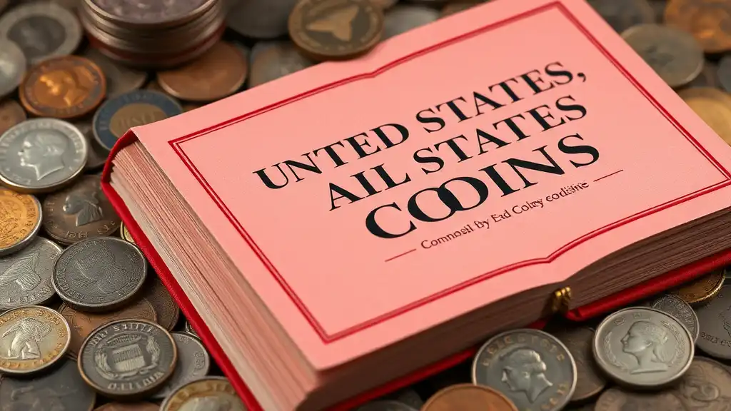 A detailed image showcasing the red book of United States coins lying open beside an assortment of historical U.S. coins