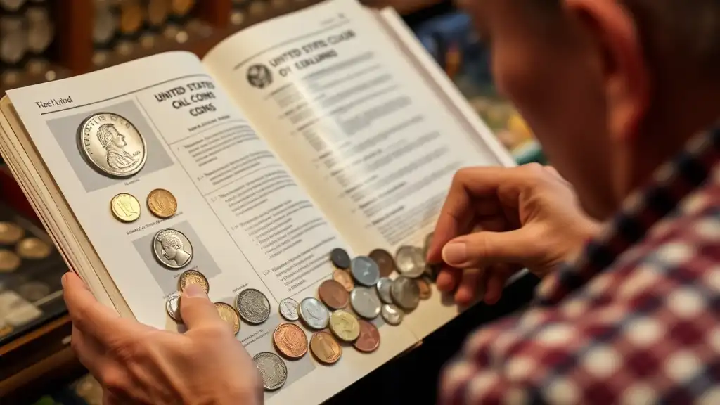 A scene of a collector carefully inspecting coins while referencing the guide book of united states coins.