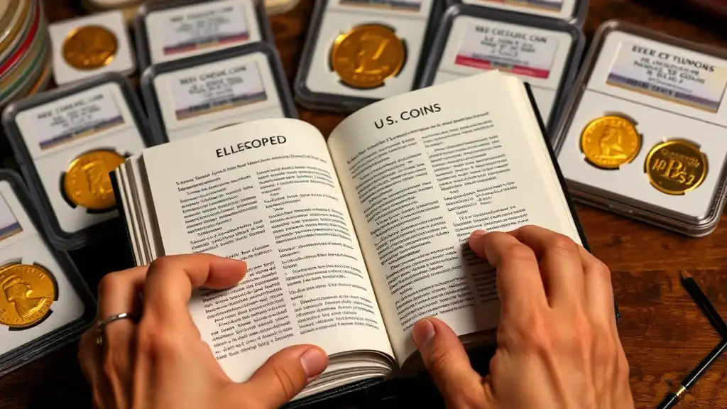 A collector's hands turning the pages of a guidebook of us coins (Encyclopedia of U.S. Gold Coins) while graded coins in protective cases are located in the background