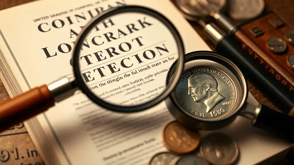 Pictute with magnifying glass and this united states coins book (Coin Grading and Counterfeit Detection), showing the importance of tools and tips for fake detection