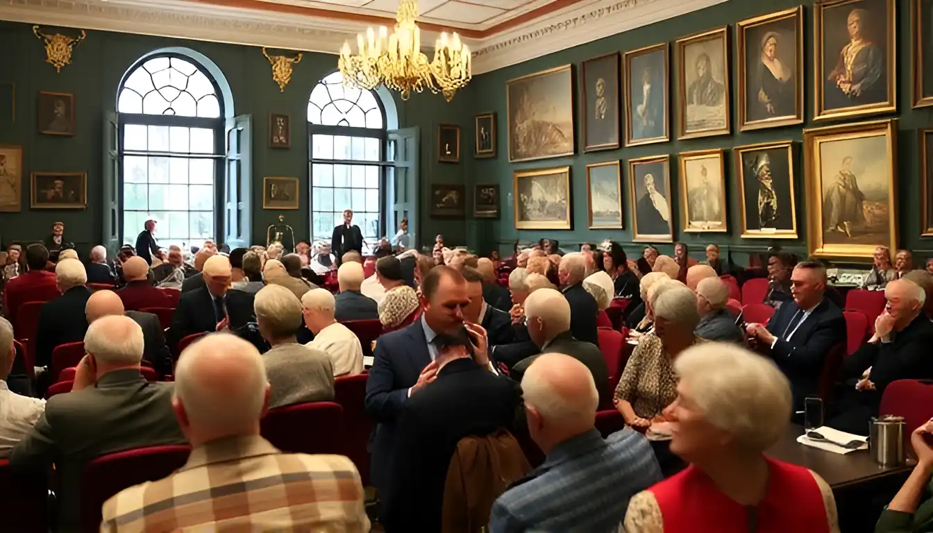 Picture of auction room at Stephensons auction where collectors intently follow the bidding process.