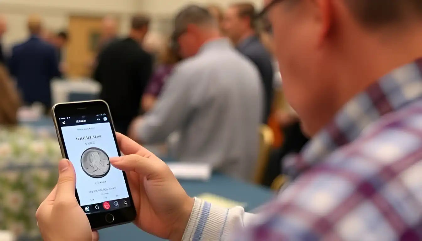 A picture with participant using the Coin ID Scanner app at Stephenson's Auction to analyze a coin lot.