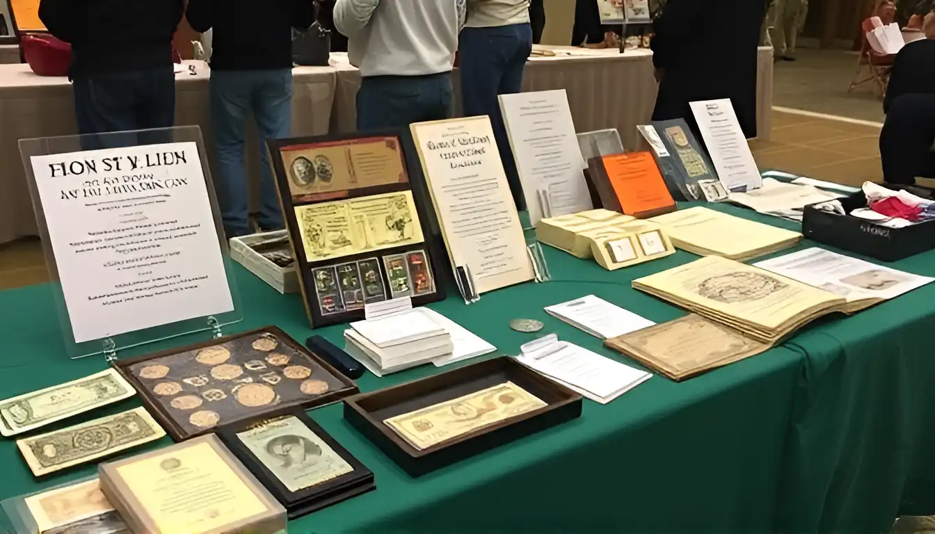 A table at one of the largest major NY coin shows featuring antique coins and banknotes.