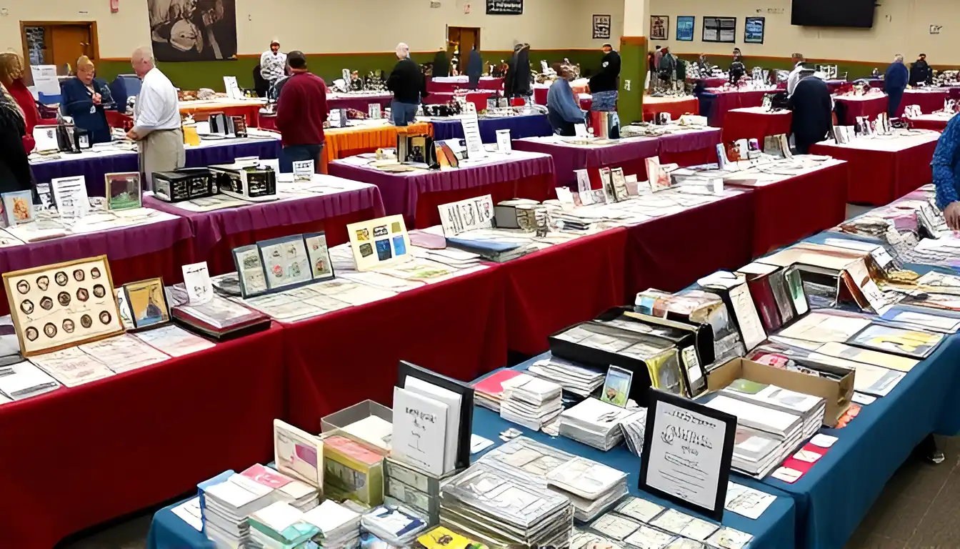 The picture shows numerous tables filled with rare coins, collectibles and banknotes at the Coin Show, Rochester, NY