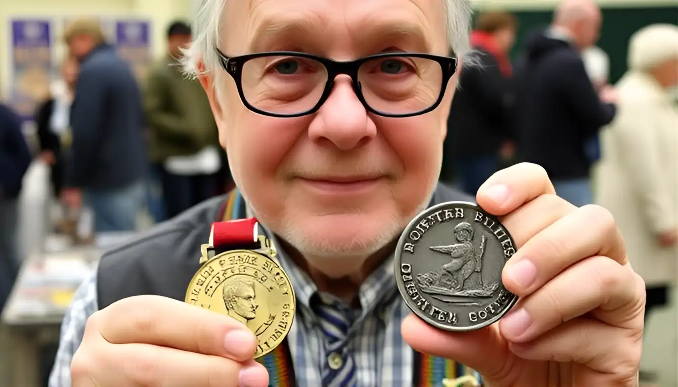 A satisfied collector holds an antique medal and token purchased at the Coin Show Buffalo, NY