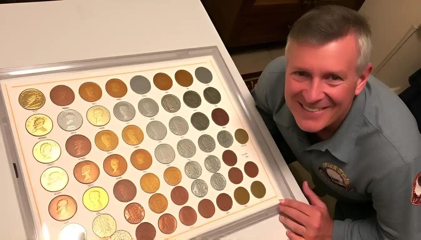 On a table in a protective case lies a collection of Philadelphia mint coins used both domestically and for international trade, the smiling owner standing beside it.