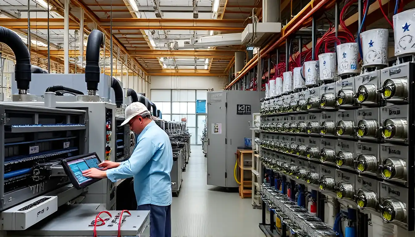 Picture, showing workers operating high-tech machinery in the Phila Mint and advanced technology used today to produce United States Mint Philadelphia coins.