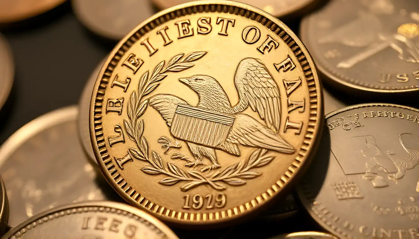 A detailed close-up shot of a rare coin on display at the Atlanta Coin Show, featuring designs from the early 19th century.