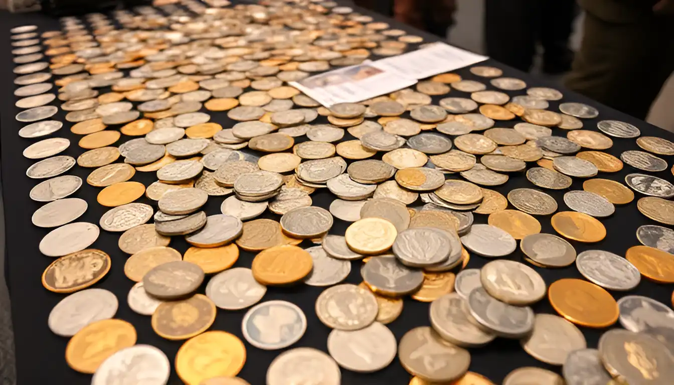 A table filled with silver and gold coins from different eras and regions, arranged for visitors to explore at the coin show Atlanta.