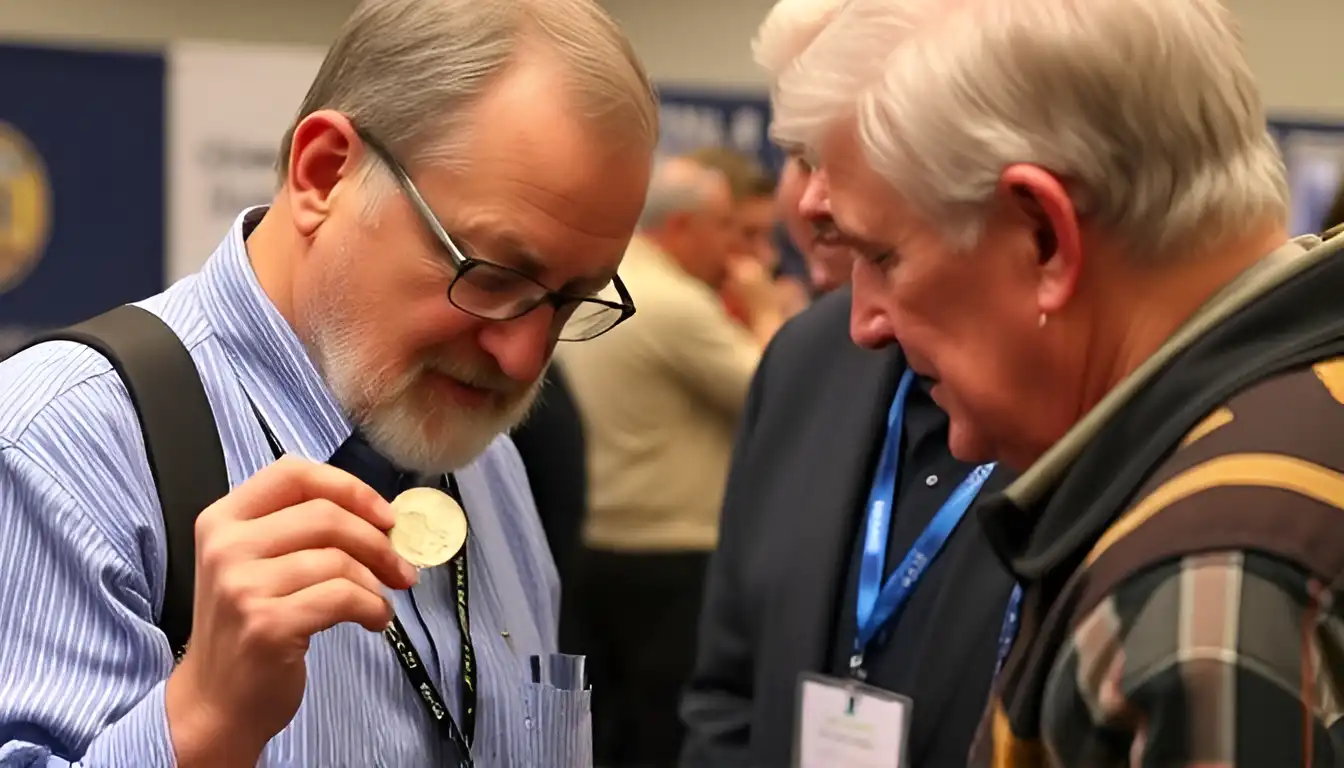 An expert at the Greater Atlanta Coin Show closely examines a rare minting error, explaining its characteristics to a visitor.