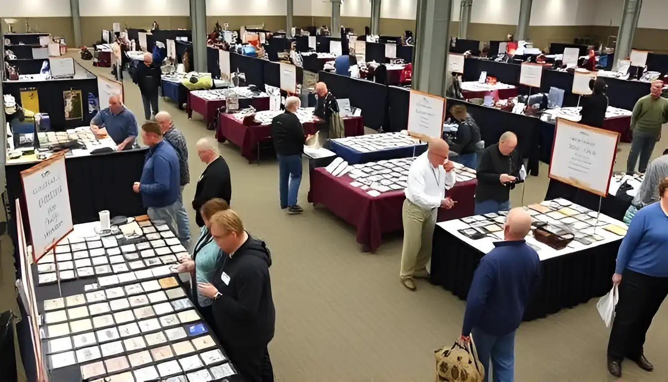 A photo from the 2023 Rochester Coin Show, featuring various booths with collectors and dealers displaying coins in cases and attendees exploring the exhibits.