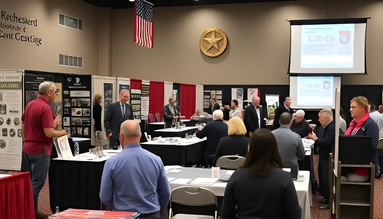 A photo of a lecture at the Rochester Coin Show, showing a speaker with a presentation screen or coin-related materials visible in the background.