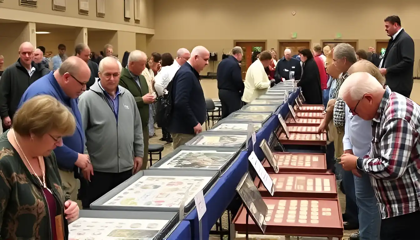 A photo from the Michigan State Numismatic Society Fall Convention, showing attendees browsing through tables with coin displays.