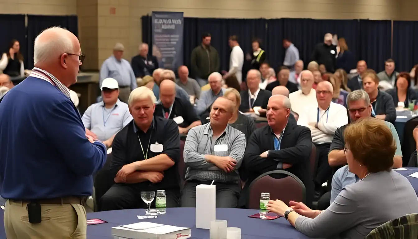 A photo from the Detroit Area Coin Show, featuring the seminars with attendees captivated by the lecturer and the content provided.