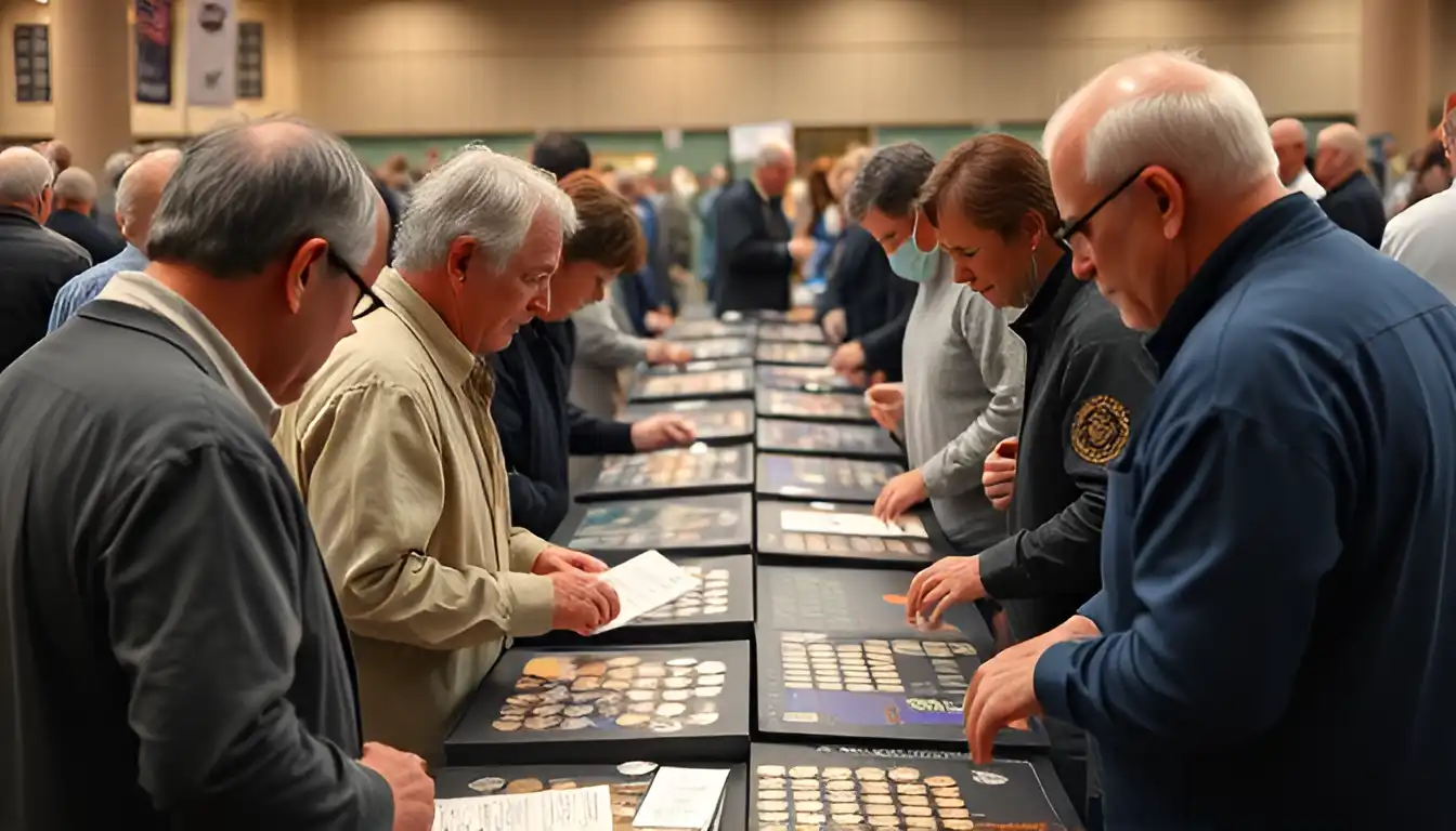 A close-up picture of a group of people at a coin show, engaged in conversation while examining coins at display tables together.